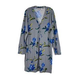 Susan Graver Printed Liquid Knit Long Cardigan Size Large Gray Floral Pockets